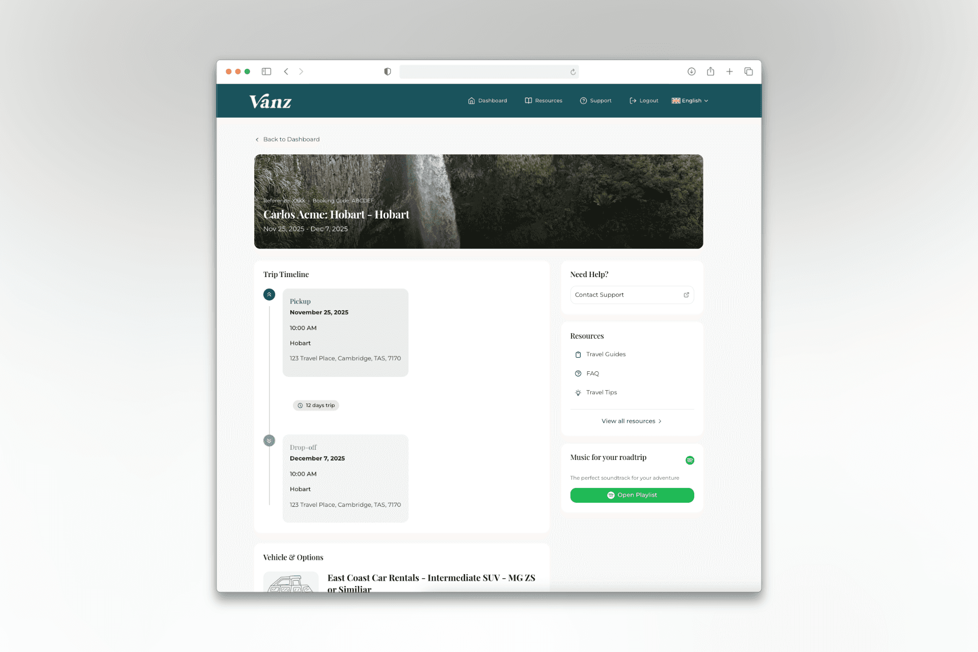 Vanz Travel booking portal — itinerary view